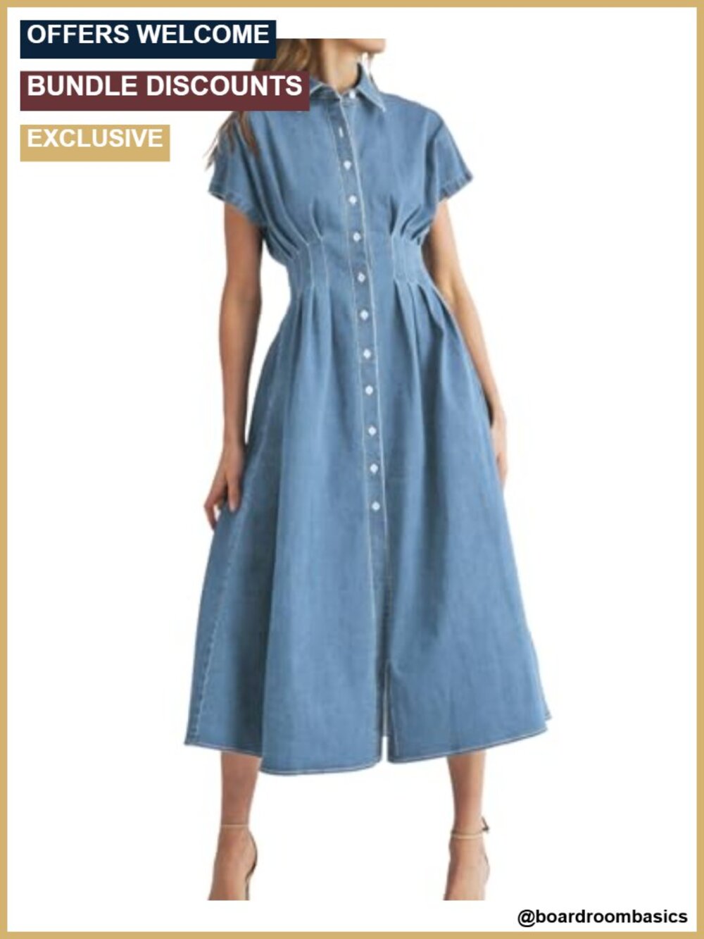 Denim Shirt Dress Lapel V Neck Short Sleeve Midi A-Line Button Down